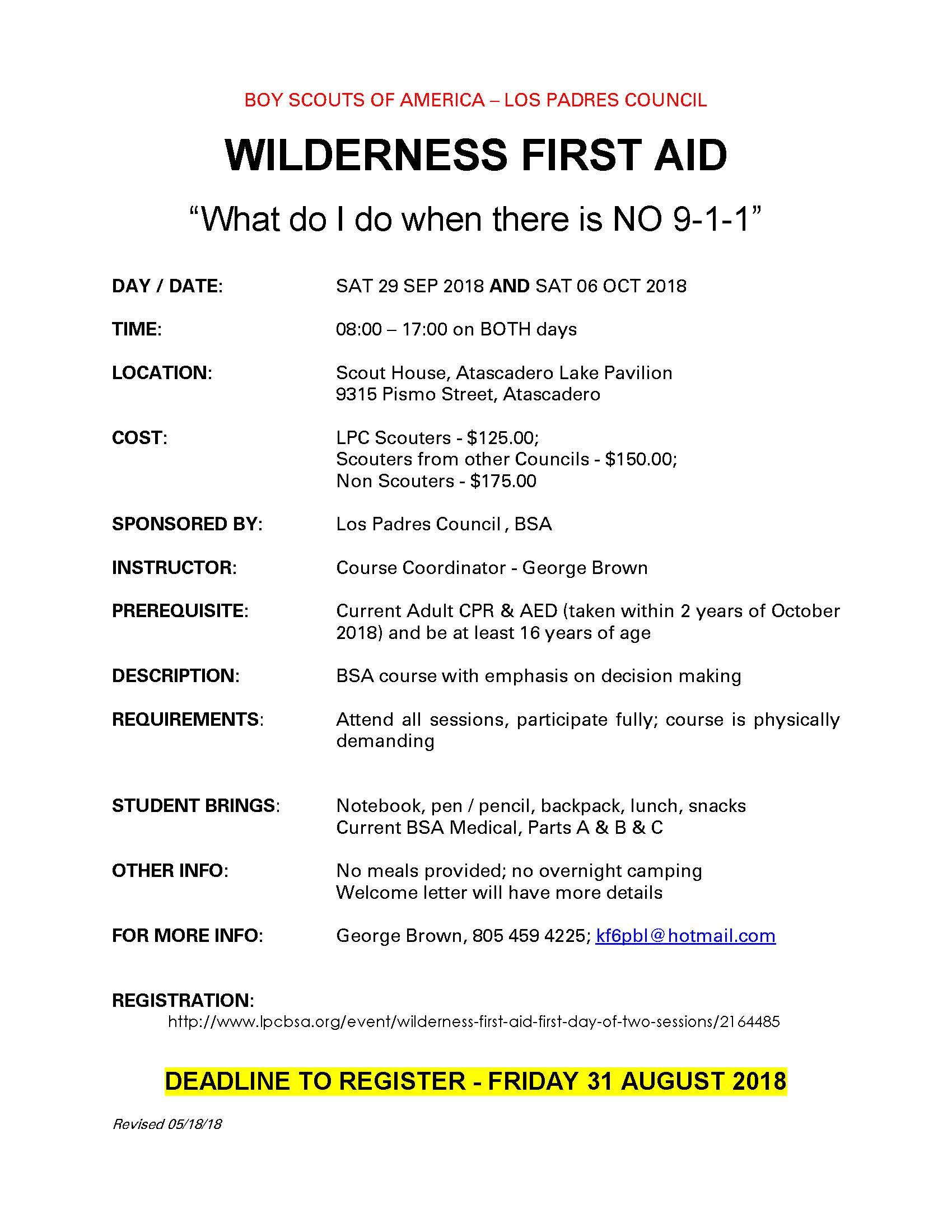 Wilderness First Aid - Fall 2018